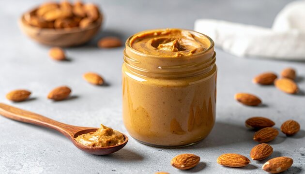 Glass jar with almond butter and wooden spoon on light gray background, creamy nut spread, healthy breakfast concept