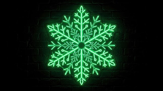 Green Neon Snowflake Sign Glowing on a Dark Brick Wall for Christmas and Winter Holiday Decoration