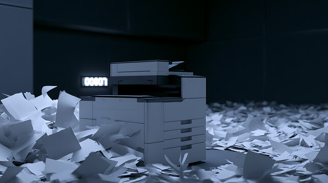 A large office printer surrounded by an overwhelming amount of discarded paper sheets in a dark corporate workspace representing bureaucracy