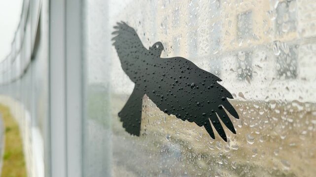 A black bird silhouette sticker sticks to a wet noise barrier wall in the rain. Water droplets cover the glass during a storm. This dreary, melancholic environment feels quiet and lonely.