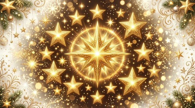 Luxurious Golden Christmas Background with Radiant Glowing Stars, Sparkling Bokeh Lights, Ornaments, and Festive Pine Branches for Holiday Greeting Card