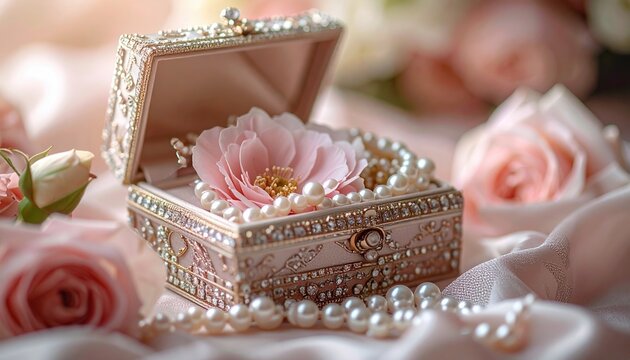 A luxury jewelry box opening with flowers and pearls inside, elegant feminine concept