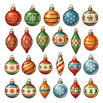 Set of vintage Christmas tree ornaments and decorative baubles isolated on white background