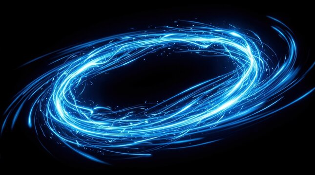 Abstract Glowing Blue Light Swirl Trails on Black Background, Digital Energy Motion Concept