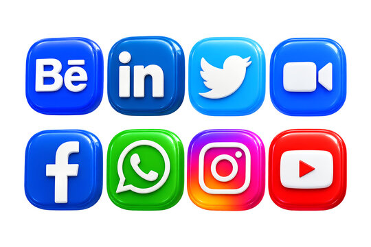 3D Social Media Platform Logo Icon Collection Featuring LinkedIn Twitter Facebook WhatsApp Instagram and YouTube Isolated Transparent Background