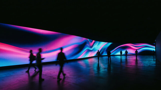 Silhouetted figures walk along a curved digital display wall.