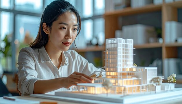 Architect working with virtual building model, future construction concept
