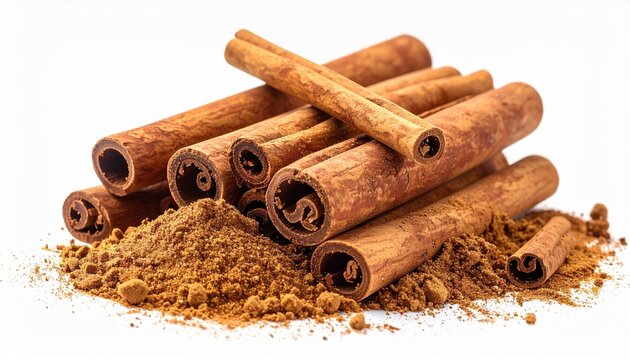 Cinnamon sticks with heap of ground cinnamon isolated on white background, aromatic spice photography
