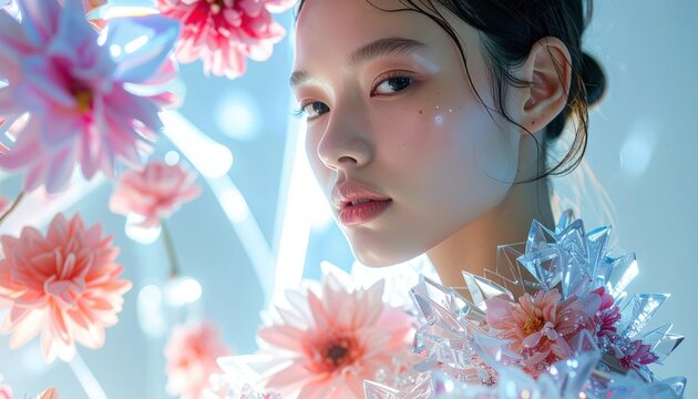A futuristic fashion model wearing floral crystal clothing, high fashion concept