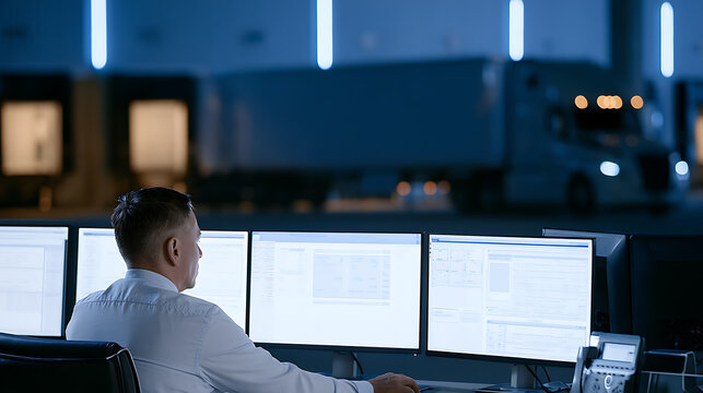 Logistics manager monitor warehouse operation at night computer screen display shipping schedule distribution center truck park dock blue light