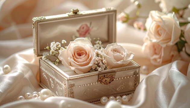 A luxury jewelry box opening with flowers and pearls inside, elegant feminine concept