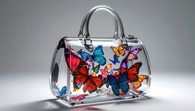 A luxury handbag made of transparent glass with colorful butterflies inside, surreal fashion design