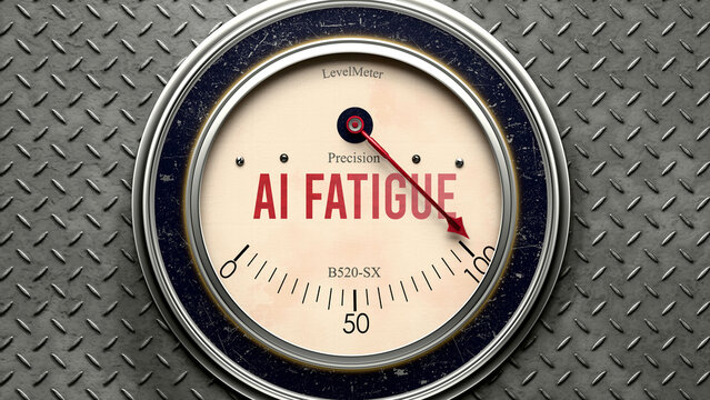 Ai Fatigue that is hitting a full scale, showing a very high level of ai fatigue, overload of it, too much of it. Maximum value, off the charts.  ,3d illustration