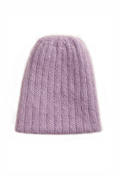 Pink Lilac Purple women's knitted Beanie hat isolated on white background. Female Soft Ribbed classic Winter headwear for Cold Weather, Clothing Accessory, Seasonal Apparel Concept. Templates, mock up