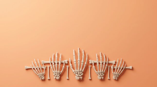 A row of five human hand skeletons arranged in a line against a solid peach background representing mortality anatomy science education and spooky halloween themes