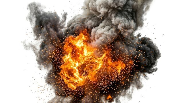 Massive fiery explosion with thick black smoke and bright orange sparks isolated on white background
