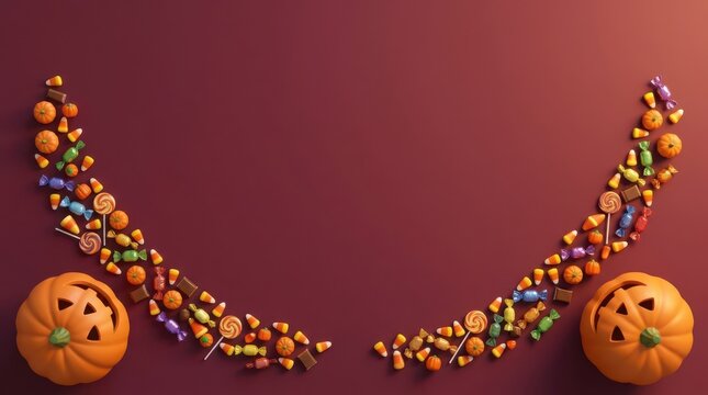 Smiling cartoon pumpkin faces connected by colorful candy corn vine illustration