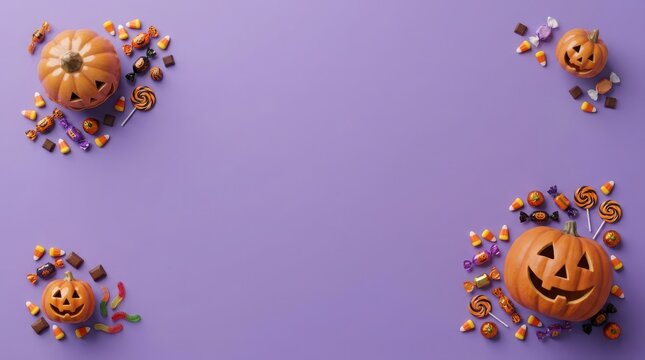 Halloween pumpkins with colorful candy scattered on purple background illustration