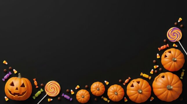 Jack o lanterns and candy with lollipops on dark background illustration