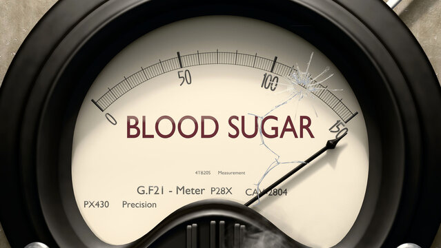 Blood sugar meter showing high levels of blood sugar. Dangerously increasing values of blood sugar, critical overload. Too much, off the charts. Max blood sugar ,3d illustration