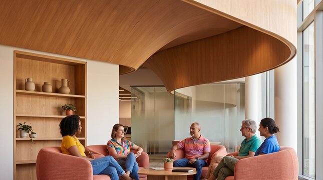 Visitors gather beneath a timber acoustic learning hub ceiling