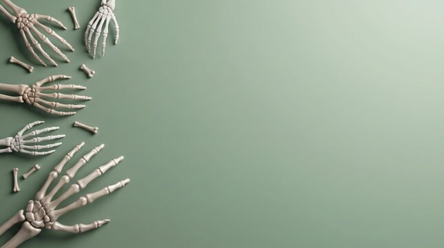 A top view of several small silver skeleton hands arranged along the left side of a plain light green background with ample space for text