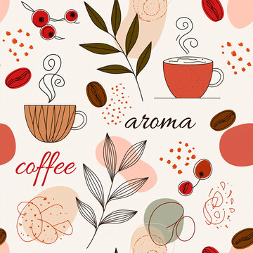 Seamless pattern with coffee beans and a cup