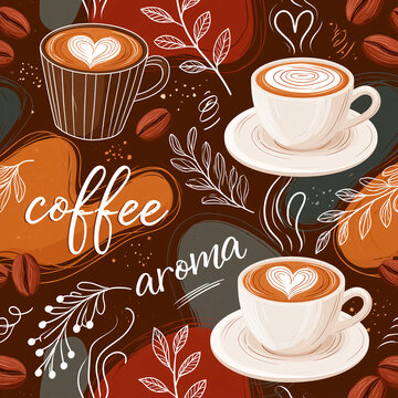 Seamless pattern with coffee beans and a cup