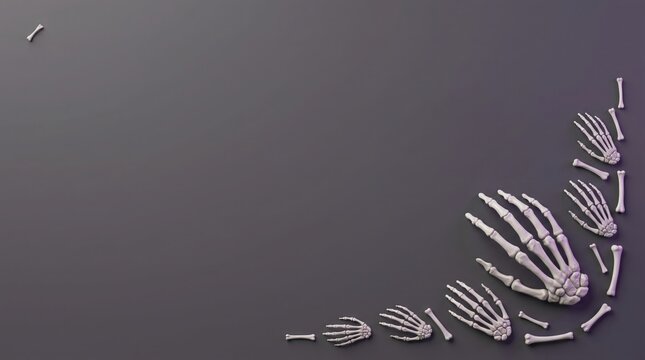 A high angle view of human hand skeleton bones arranged in a corner frame on a dark grey background with copy space for text design