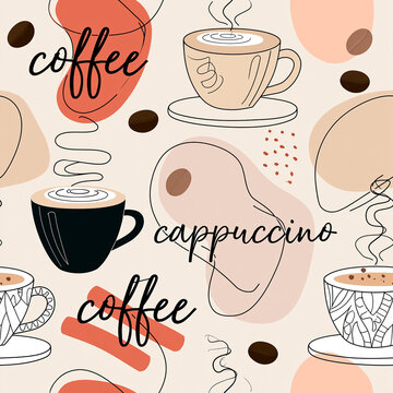 Seamless pattern with coffee beans and a cup