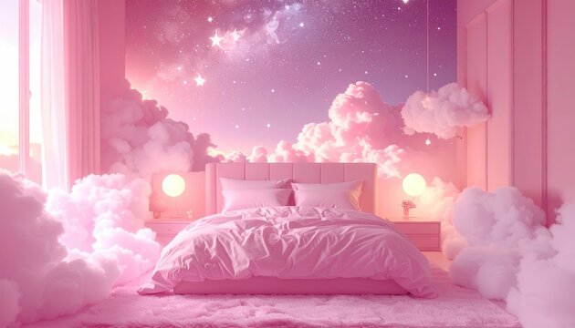 A pastel pink bedroom with clouds and stars, dreamy sleep concept