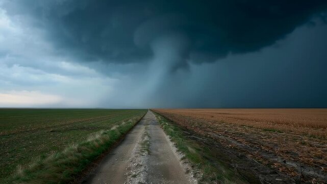 Tornado draws near, dark and fierce. Road splits fields, leading toward danger. Sky heavy with thunder, wind howling. Farmland lies silent, waiting for impact. Dramatic storm approaches