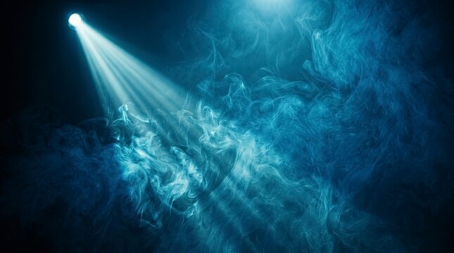 Cinematic Blue Light Beam Illuminating Thick Fog and Smoke in a Dark Studio