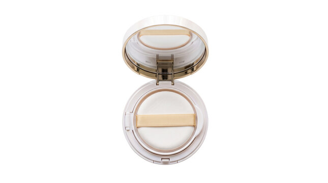 Luxury cushion foundation compact with puff applicator. Elegant white and gold makeup case. Premium cosmetic packaging for beauty branding. isolated PNG with Transparent Background