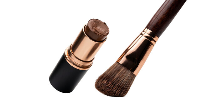 Professional cream contour stick and makeup brush, luxury bronze cosmetic applicator, elegant beauty tools for face sculpting isolated PNG with Transparent Background