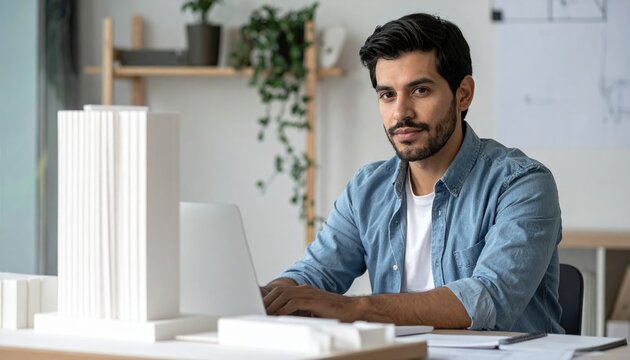 Architect working with virtual building model, future construction concept