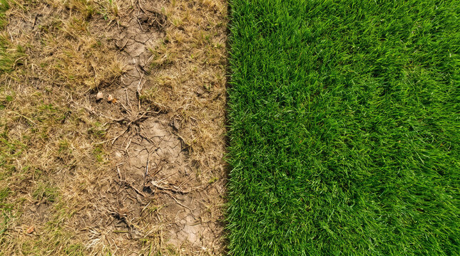 Top down side by side lawn comparison showing dry brown grass and lush green healthy watered turf