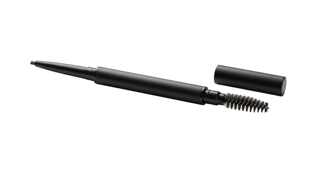 Professional black eyebrow pencil with spoolie brush, dual-ended brow definer tool, matte black cosmetic pencil for makeup application isolated PNG with Transparent Background