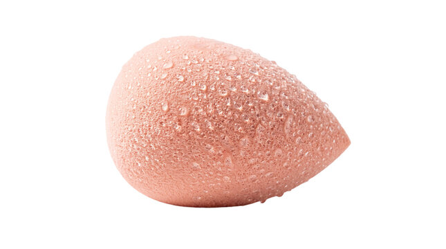 Pink beauty blender with water droplets, soft makeup sponge for foundation application, wet cosmetic applicator tool for skincare isolated PNG with Transparent Background