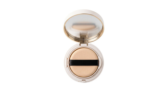 Luxury cushion foundation compact with mirror, open makeup case with applicator sponge, elegant cosmetic product for beauty branding isolated PNG with Transparent Background