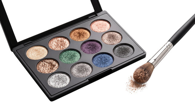 Professional eyeshadow palette with 12 shimmer colors, makeup artist brush with powder, luxury cosmetic set for beauty salon isolated PNG with Transparent Background