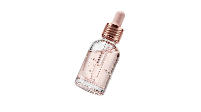 Luxury rose gold facial serum bottle, glass dropper vial with pink liquid, cosmetic skin care product for beauty branding isolated PNG with Transparent Background