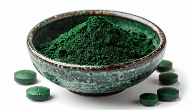 Spirulina algae powder in ceramic bowl with green tablets, isolated on white background, healthy superfood concept