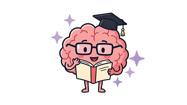 Cute Cartoon Brain Character Wearing Graduation Cap and Glasses Reading a Book