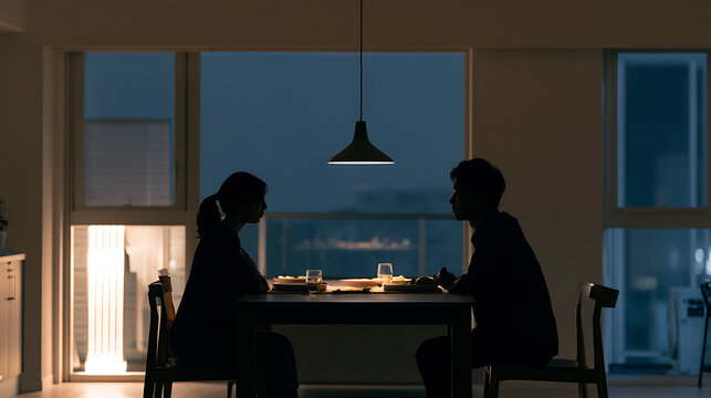 Silhouette of man and woman sit at dining table inside modern apartment at night, enjoy romantic date dinner, quiet intimate atmosphere