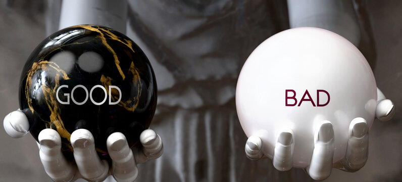 Good or Bad - decide between two options. Greek statue presenting a choice: good or bad, weighing their values. Looking at pros and cons. Presenting possibilities. ,3d illustration