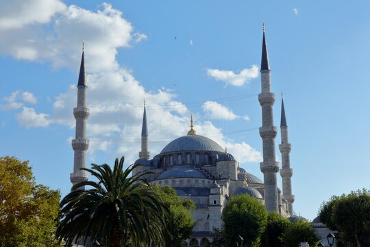 A day time exterior view of Blue Mosque in Sultan Ahmet square in Istanbul in T&uuml;rkiye. 