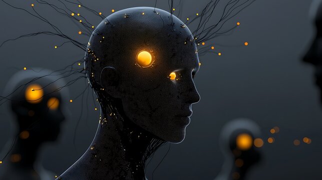 Close-up of a black cyborg head with glowing orange eyes and neural fibers.