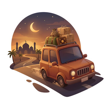 Eid Holiday Travel Illustration: Car with Luggage Driving Towards Mosque at Night