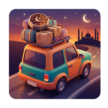 3D Ramadan Mudik Illustration: Car with Gifts and Dates Driving to Mosque at Sunset